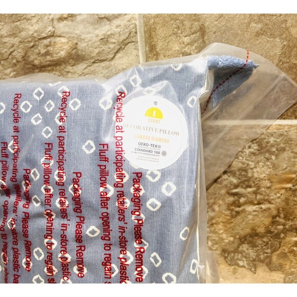 Blue and White Double Sided Lumbar Pillow Stripe Diamonds Tassels 10” x 18” New - Picture 6 of 7